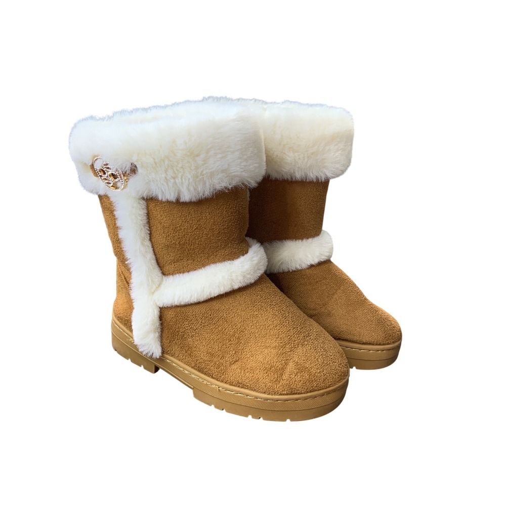 Bebe Girls Faux Fur Winter Boots Tan Brown‎ w/ Rhinestone Buckle Accent Size 11